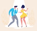 Dancing couple with audience. Rockabilly dance party. Happy swing dancers with viewers vector illustration isolated