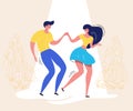 Dancing couple with audience. Rockabilly dance party. Happy swing dancers with viewers vector illustration isolated Royalty Free Stock Photo