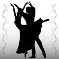 Dancing couple, ballet, black silhouettes on a white background with a border