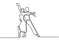 Dancing couple one line drawing. Vector man and woman in love doing dance. Minimalism art hand drawn continuous single lineart