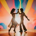 Dancing couple silhouette with discotheque lights on the black background. Royalty Free Stock Photo