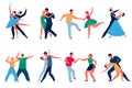 Dancing couples. Cartoon professional dancers characters, men and women in performing outfits. Modern types dance latin Royalty Free Stock Photo