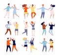 Dancing couples. Funny people male and female crowd dancing tango salsa chacha vector happy characters collection