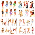 Dancing couples people character dance man and woman entertainment together beauty vector illustration. Royalty Free Stock Photo