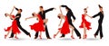 Dancing couples set. Man and woman dancing tango or waltz. Red and black design. Illustration vector