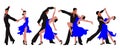 Dancing couples, a woman in a blue dress with a man in black dance tango. Illustration set