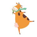 dancing cow with flowers, vector clipart, spring illustration