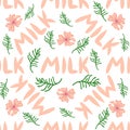 Dancing cow in the meadow cute seamless pattern, splashes of milk and the inscription Milk, Cow, Love. Flat Royalty Free Stock Photo