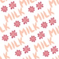 Dancing cow in the meadow cute seamless pattern, splashes of milk and the inscription Milk, Cow, Love. Flat Royalty Free Stock Photo