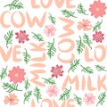 Dancing cow in the meadow cute seamless pattern, splashes of milk and the inscription Milk, Cow, Love. Flat Royalty Free Stock Photo