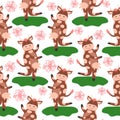 Dancing cow in the meadow cute seamless pattern, splashes of milk and the inscription Milk, Cow, Love. Flat Royalty Free Stock Photo