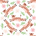 Dancing cow in the meadow cute seamless pattern, splashes of milk and the inscription Milk, Cow, Love. Flat