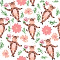 Dancing cow in the meadow cute seamless pattern, splashes of milk and the inscription Milk, Cow, Love. Flat Royalty Free Stock Photo