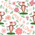 Dancing cow in the meadow cute seamless pattern, splashes of milk and the inscription Milk, Cow, Love. Flat