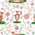 Dancing cow in the meadow cute seamless pattern, splashes of milk and the inscription Milk, Cow, Love. Flat Royalty Free Stock Photo