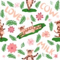 Dancing cow in the meadow cute seamless pattern, splashes of milk and the inscription Milk, Cow, Love. Flat Royalty Free Stock Photo