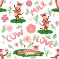 Dancing cow in the meadow cute seamless pattern, splashes of milk and the inscription Milk, Cow, Love. Flat