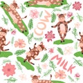 Dancing cow in the meadow cute seamless pattern, splashes of milk and the inscription Milk, Cow, Love. Flat