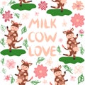 Dancing cow in the meadow cute seamless pattern, splashes of milk and the inscription Milk, Cow, Love. Flat Royalty Free Stock Photo