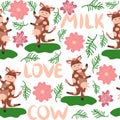 Dancing cow in the meadow cute seamless pattern, splashes of milk and the inscription Milk, Cow, Love. Flat Royalty Free Stock Photo