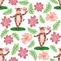 Dancing cow in the meadow cute seamless pattern, splashes of milk and the inscription Milk, Cow, Love. Flat