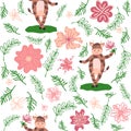 Dancing cow in the meadow cute seamless pattern, splashes of milk and the inscription Milk, Cow, Love. Flat Royalty Free Stock Photo