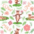 Dancing cow in the meadow cute seamless pattern, splashes of milk and the inscription Milk, Cow, Love. Flat Royalty Free Stock Photo