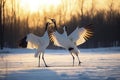 Dancing Cranes. The ritual marriage dance of cranes. The red-crowned crane. Scientific name: Grus japonensis, also called the