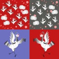 Dancing cranes. Set of vector illustration. Asian traditional background.