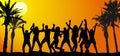 Dancing crowd of people at beach party at sunrise. Vector illustration Royalty Free Stock Photo