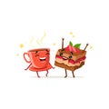 Dancing cup of coffee and piece of cake with strawberry. Food and drink characters having fun. Vector flat cartoon