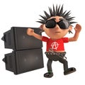 Dancing 3d cartoon punk rocker with spiky hair in front of a rave party pa sound system, 3d illustration