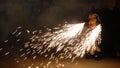 dancing devotees with fireworks and masks in the procession of la vigen del carmen in the streets at night june 2018 paucartambo