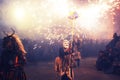 with fireworks and masks in the procession of la vigen del carmen in the streets at night june 2018 paucartambo