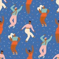 Dancing disco party illustration. Funny cartoon characters dancing together seamless pattern. Royalty Free Stock Photo