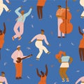 Dancing disco party illustration in vector. Funny cartoon characters dancing on dance pole together seamless pattern. Royalty Free Stock Photo