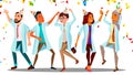 Dancing Doctor On Doctor s Day, Group Of Happy Doctors In Festive Caps And Confetti Vector. Isolated Cartoon