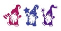 Dancing dwarfs stencils. Gnomes with a bell, with a star, a gnome with a magic wand. Winter decorations. Objects for cutting