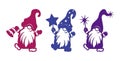 Dancing dwarfs stencils. Gnomes with a bell, with a star, a gnome with a magic wand. Winter decorations. Objects for cutting Royalty Free Stock Photo