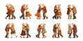 Dancing elderly people cartoon vector set. Man women holding hands romantic embrace characters, retro illustrations