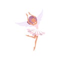 Dancing fairy girl with purple hair wearing flower shaped dress. Beautiful fairytale creature. Imaginary character with