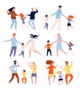 Dancing family. Kids playing and dancing with parents mother father children dancers vector characters collection