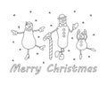 A dancing family of snowmen. Cute winter characters for postcards, banners, coloring pages. Winter symbol. Vector