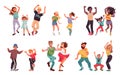 Dancing family. Young people, fun kid parents disco dance. Children and couple enjoy good time, happy dad child mother