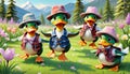 Dancing farm comic ducks hat meadow