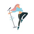 Dancing female pop singer by the stage microphone. Vector illustration in flat style