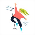 Dancing female pop singer by the stage microphone. Vector illustration in flat style