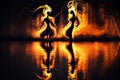 Dancing flames of male and female by a lake Royalty Free Stock Photo