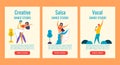 Dancing flat cartoon characters Web banner stories set