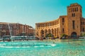 Dancing Fountains and architectural complex on Republic Square. Touristic architecture landmark. Sightseeing in Yerevan. City tour